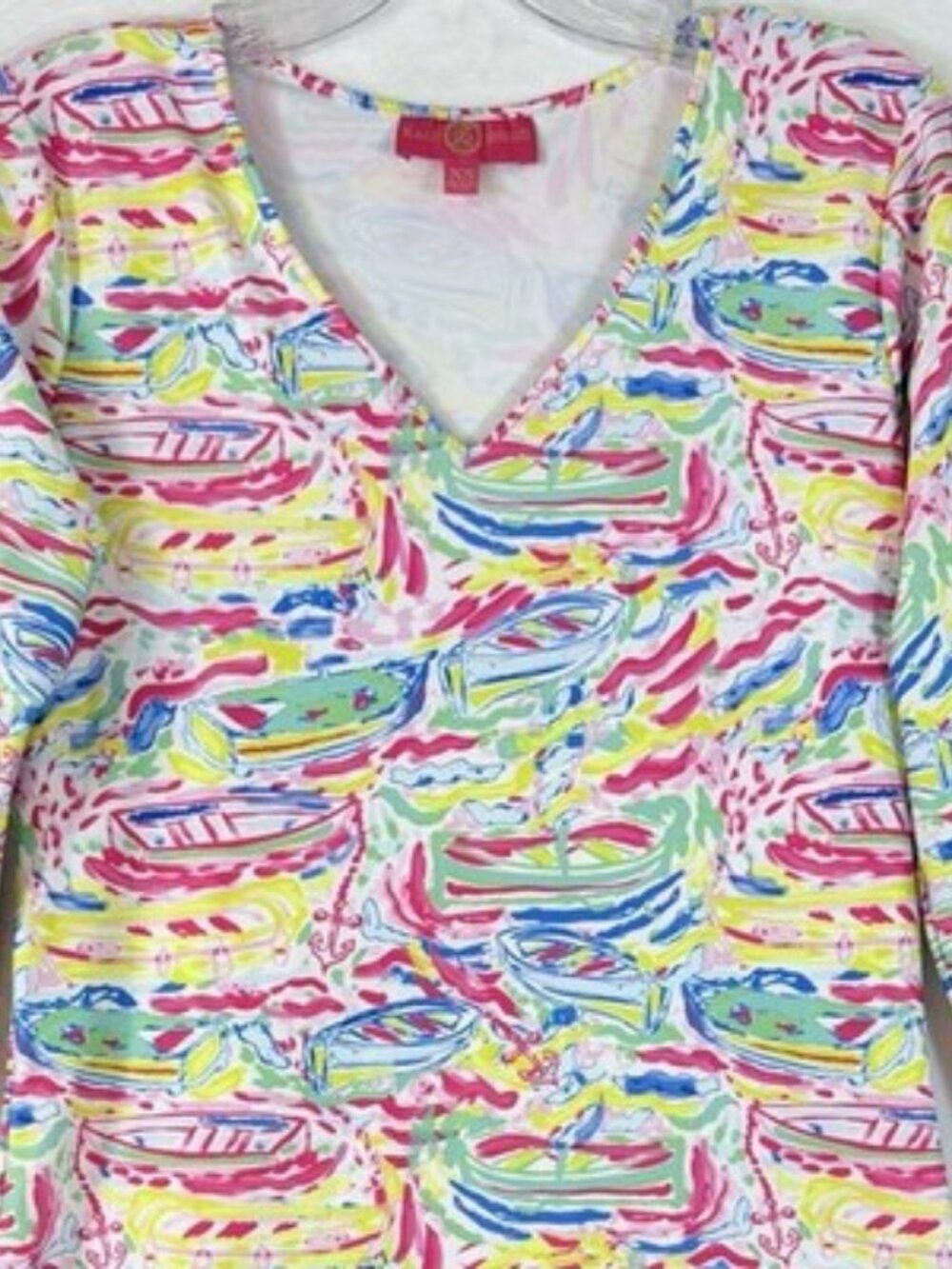 Kaeli Smith Dress XS Fit And Flare Pink Blue Yellow Print 3/4 Sleeve Womens